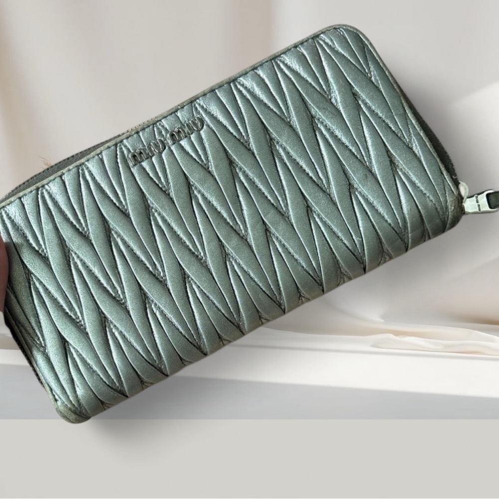 Miu Miu Metallic Silver Quilted Zip Wallet